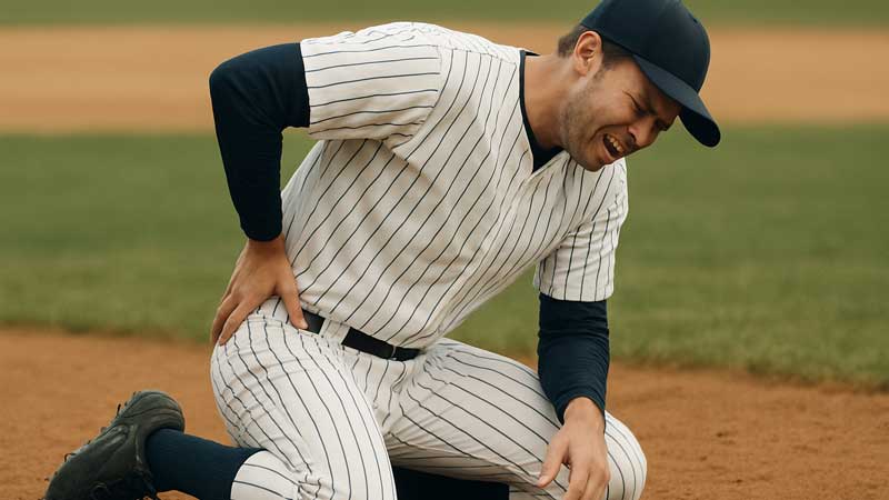 Baseball Player Winces from Hip Impingment