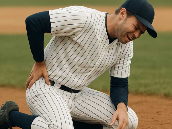 Baseball Player Winces from Hip Impingment