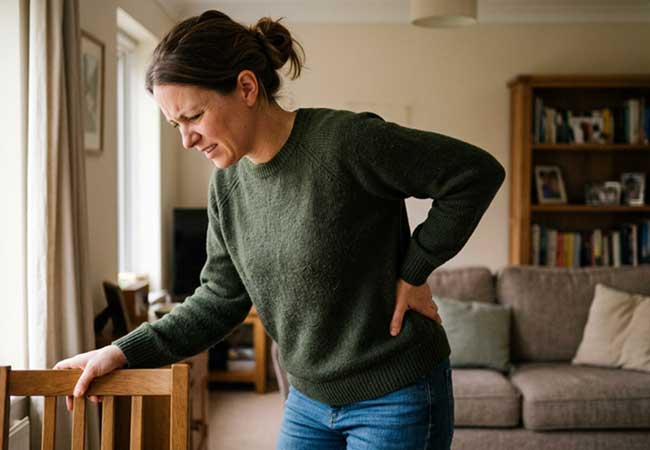 Woman inside with hip pain